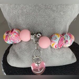 Pink Heart Charm Bangle Beaded Bracelet - Women Jewelry